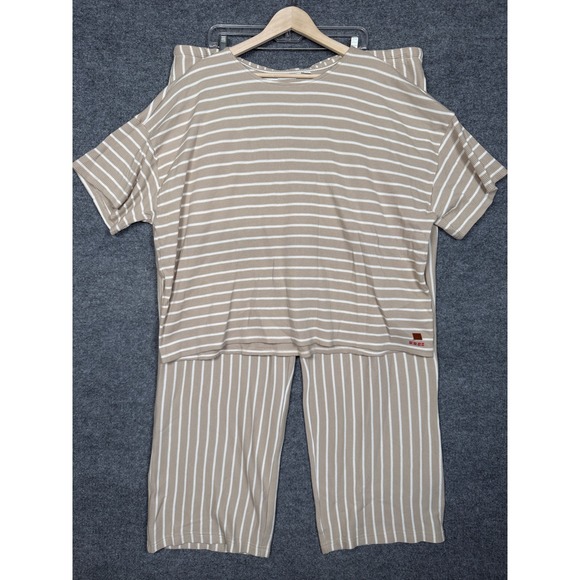 Peace Love World Tops - Peace Love World Plus 2X Top and Pant Set Neutral Stripe Waffle Honeycomb Knit